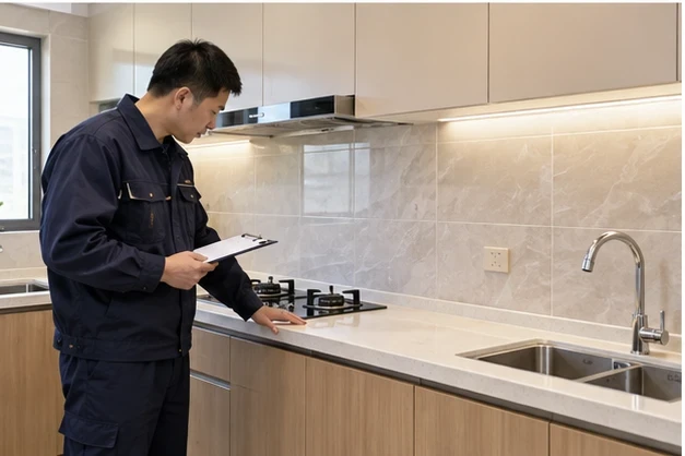 厨房柜体与相邻台面外观核对场景